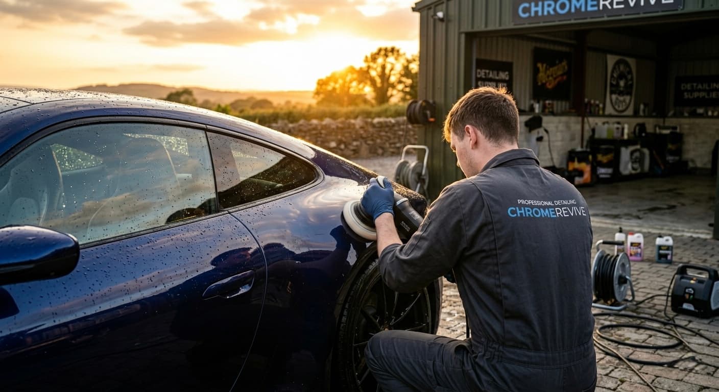 ChromeRevive professional detailing — polishing a vehicle at sunset